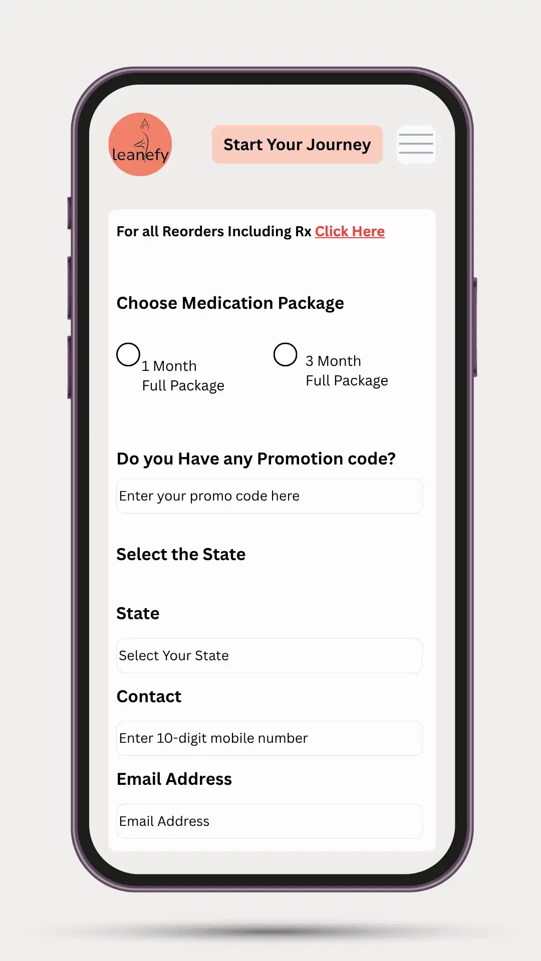 Online weight loss consultation form for telehealth medical services
