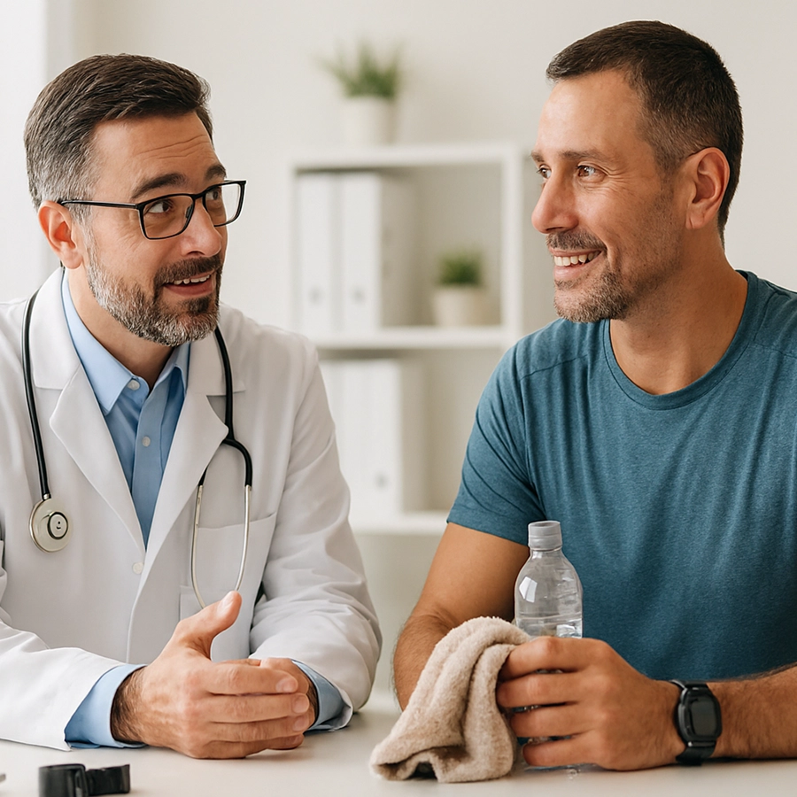Doctor advising an active patient about safe phentermine timing before exercise and workouts